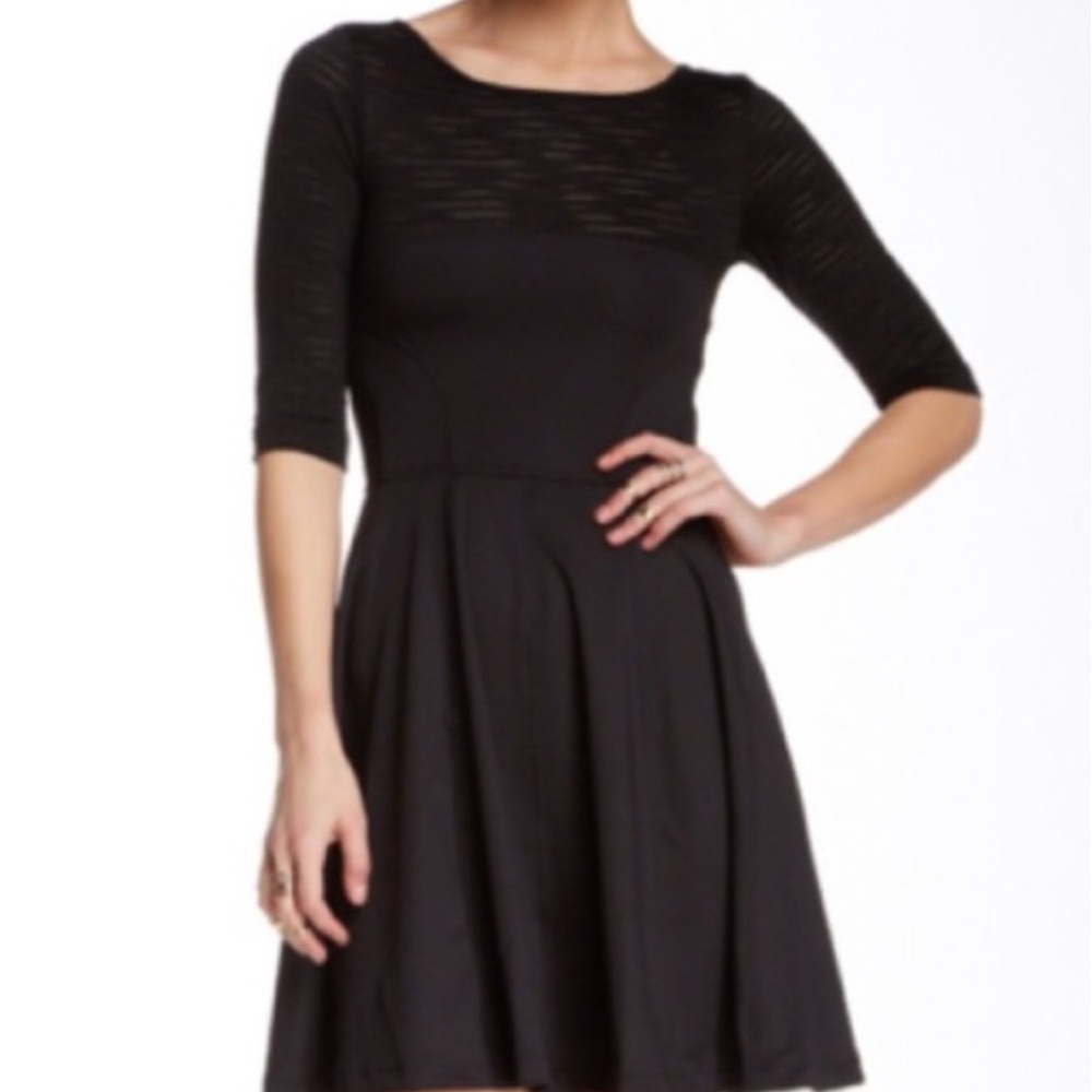 French Connection Black Burnout Stripe Elbow Sleeve Mini Dress Fit and Flare